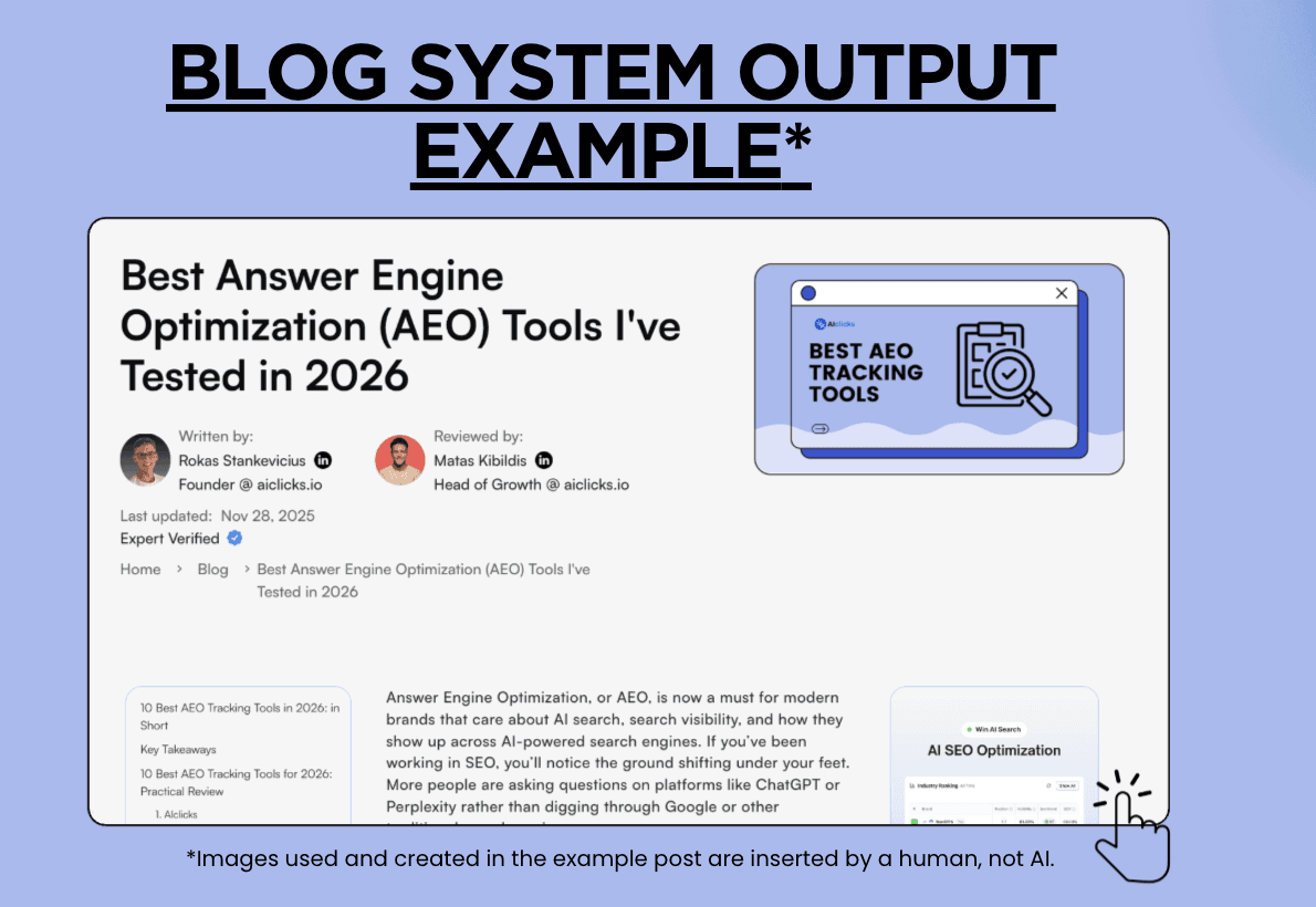 Example blog post the system produced, an AEO tools listicle with author, reviewer and expert-verified byline