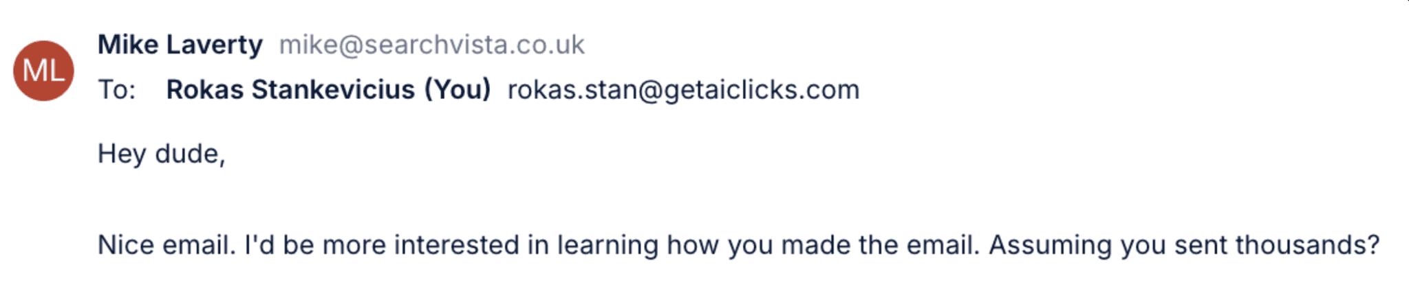 Prospect reply from Mike Laverty asking how the email was made, assuming thousands were sent