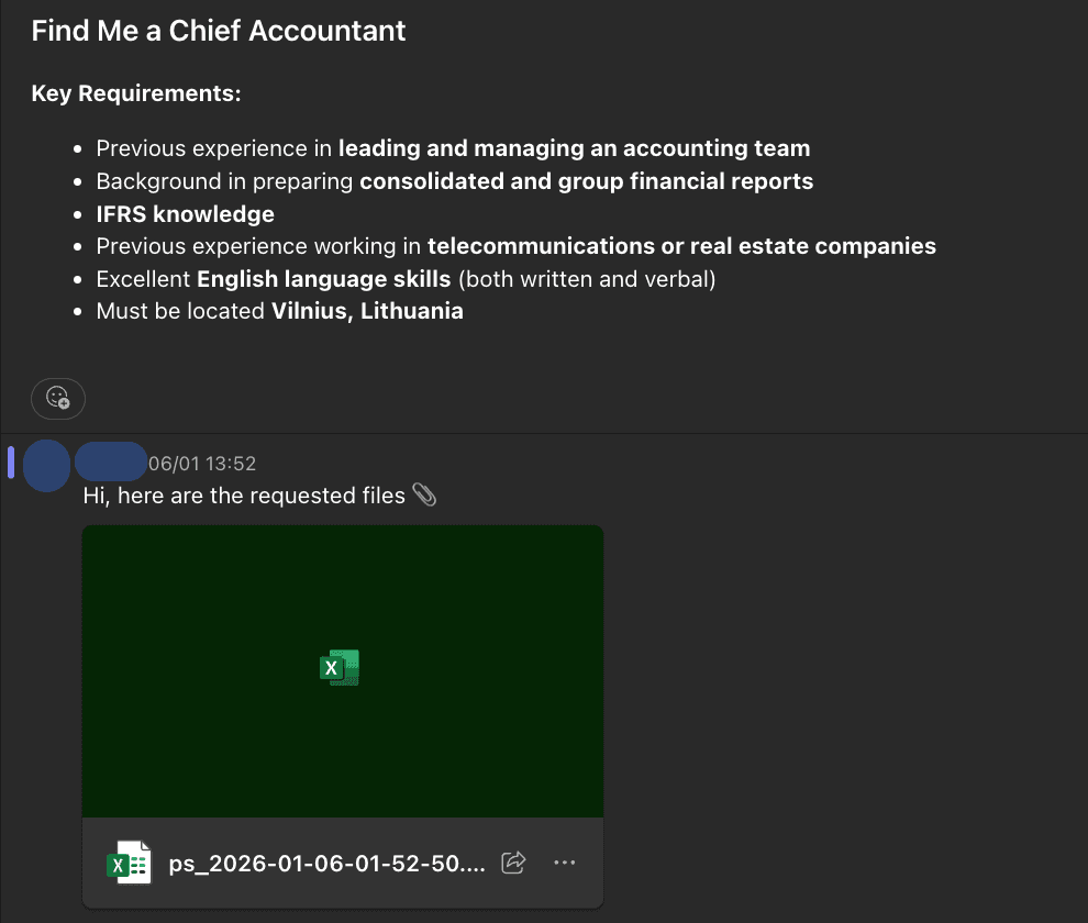 Slack request for a chief accountant with key requirements, answered with an exported candidate spreadsheet