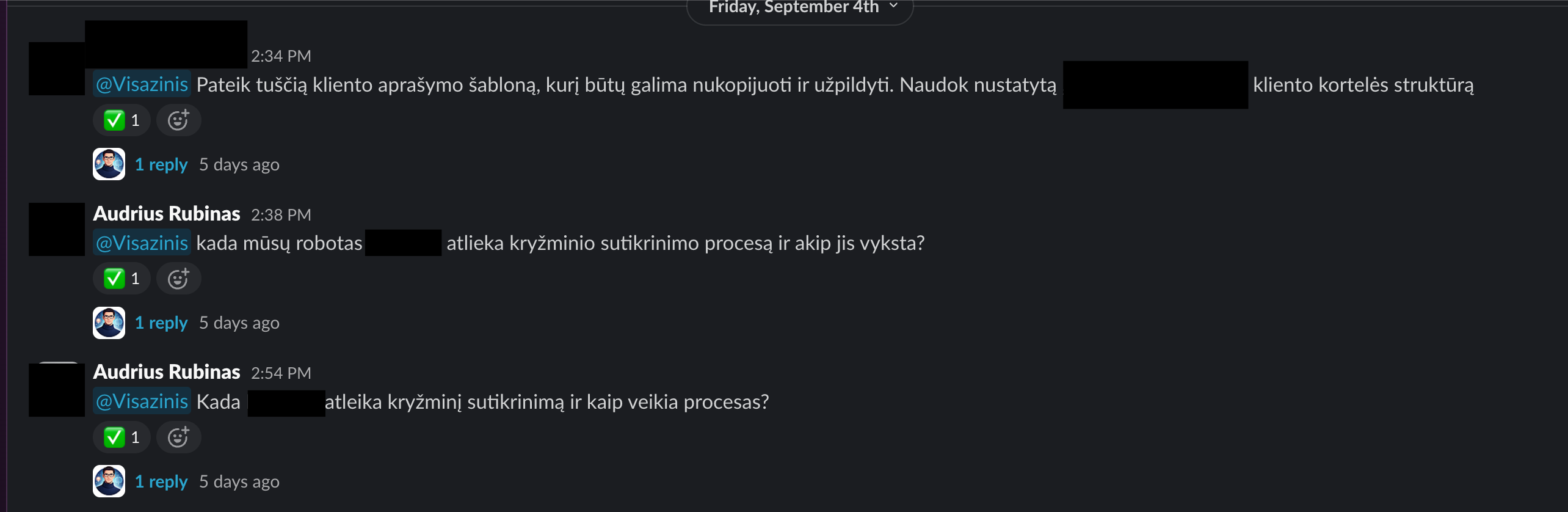 Slack thread where team members tag the @Visazinis AI agent with accounting questions in Lithuanian and it replies in a thread