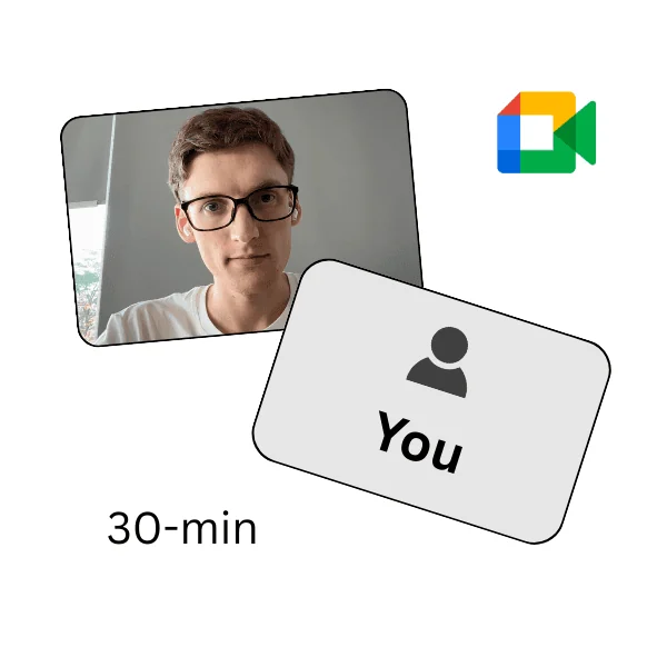 Google Meet call between Rokas and a client on a 30-minute discovery slot